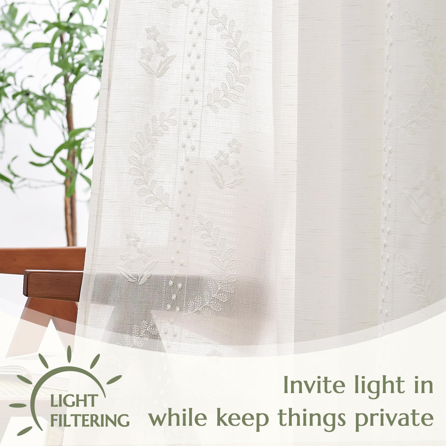Floral Linen Curtains 96″ Embroidered Drapes for Bedroom & Living Room, 2 Panels