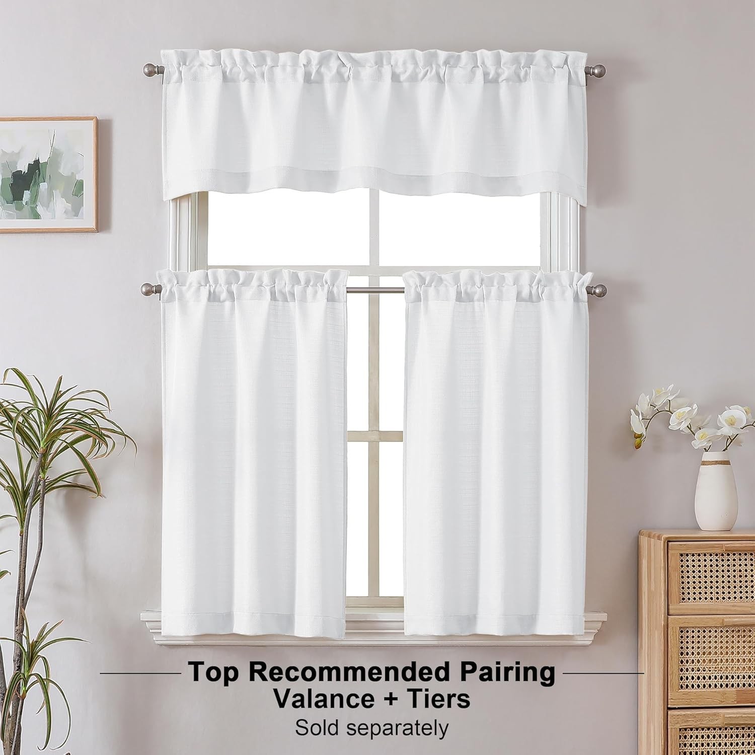 2 Panels White Kitchen Curtains 36 Inch Length Tier Curtain, Faux Linen Textu…