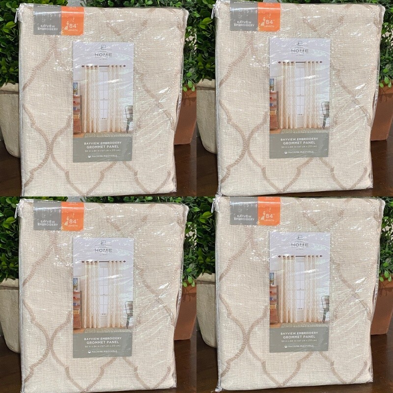 Lot of 4 – JCP Home Bayview Embroidery Grommet Panel 50X84 Ivory Linen NWT