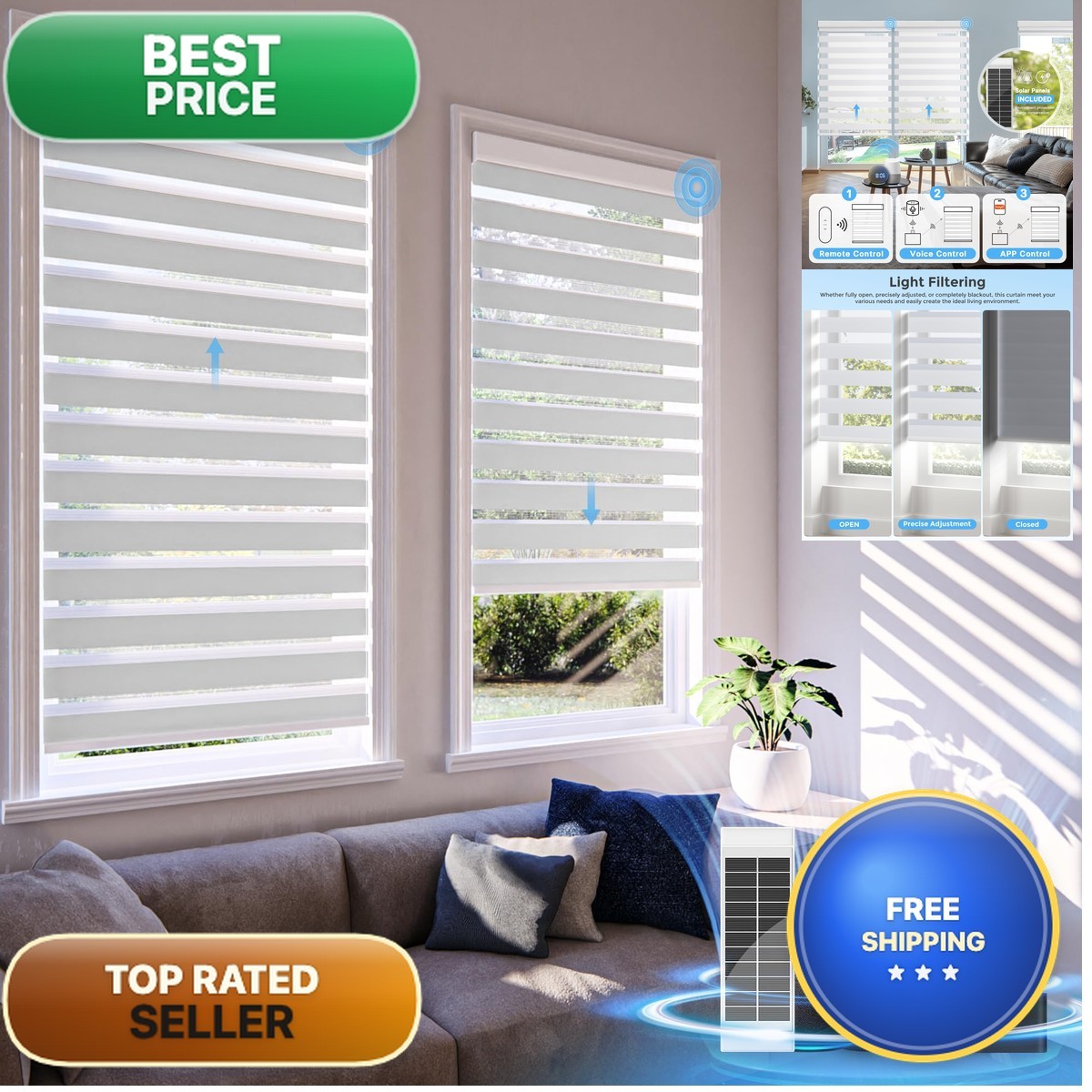 DONGFXK Motorized Zebra Blinds Remote Rechargeable Cordless Shade White 34×72