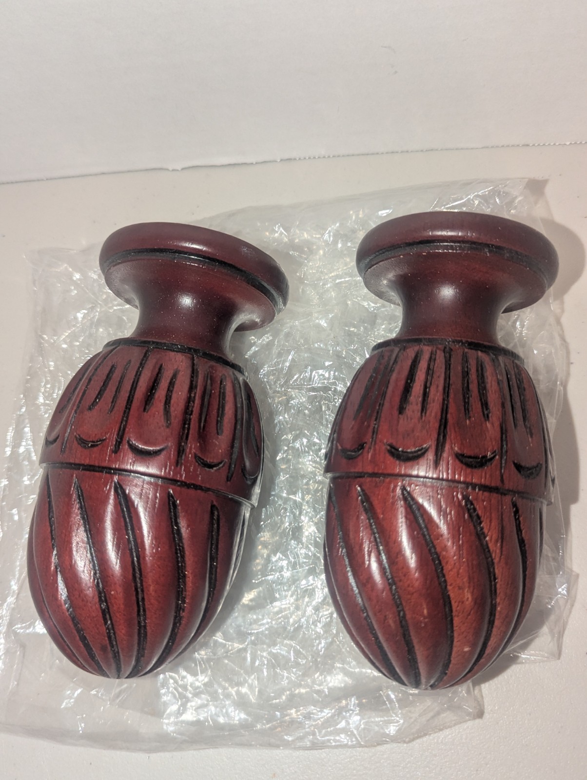 2x Wooden Pinecone Drapery Curtain Rod Finials Fits 1.25″ Rod Screw On Mahogany