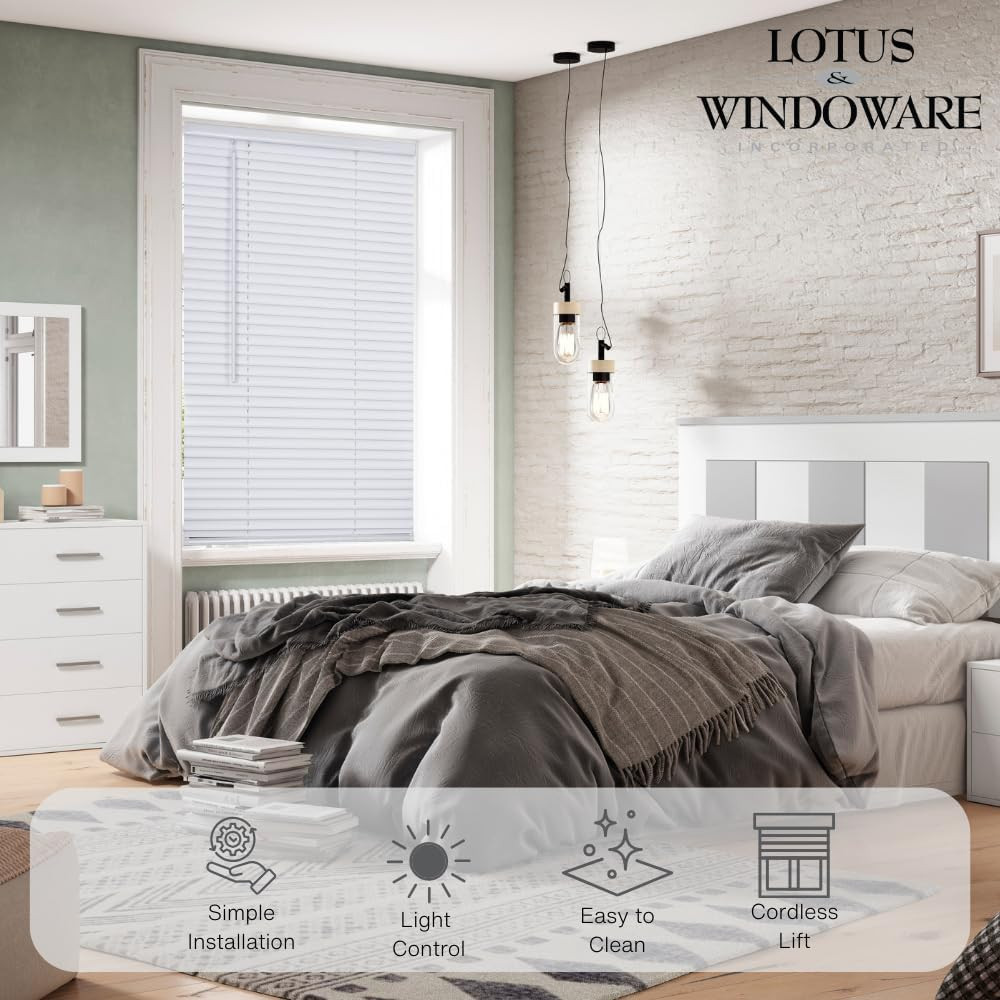 Cordless Mini Blind, 1″ Vinyl Slats, 22″ Wide X 36″ Long – White, Window Blinds