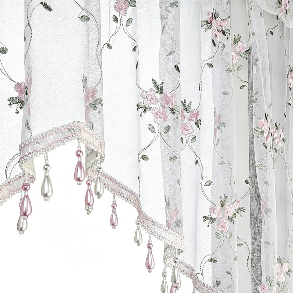 1PC Victorian Style Floral Sheer Swag Curtain Valance for Arched Door | Pink Emb
