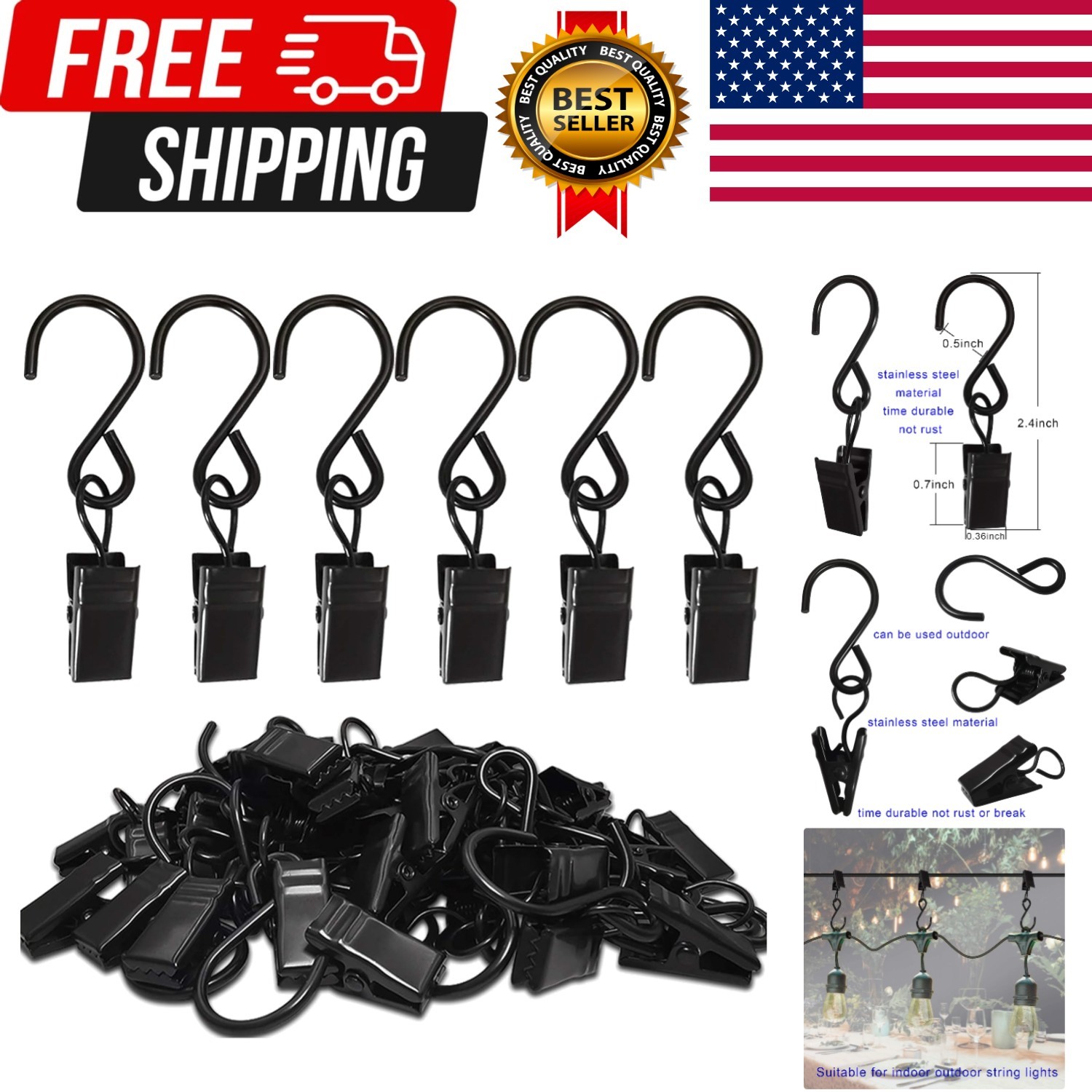 Stainless Steel S Hooks Curtain Clips, 50 Pack Hanging Party Lights Clips Han…