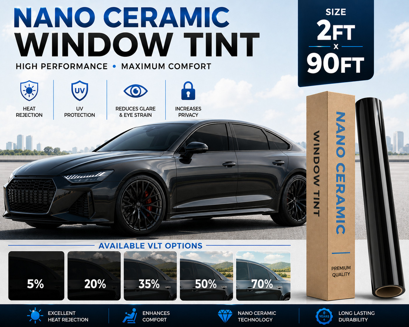 2FT x 90FT Nano Ceramic Car Window Tint Uncut roll 5% 20% 35% Home Office Glass