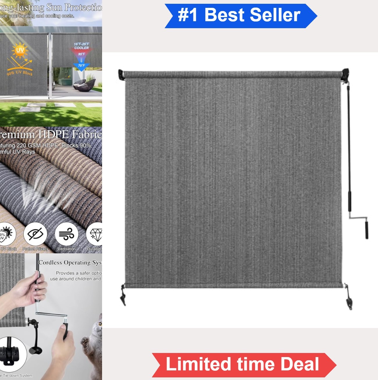 Outdoor Roller Shade 8ft Wide 8ft High Cordless Patio Blinds 90 UV Blocking Grey