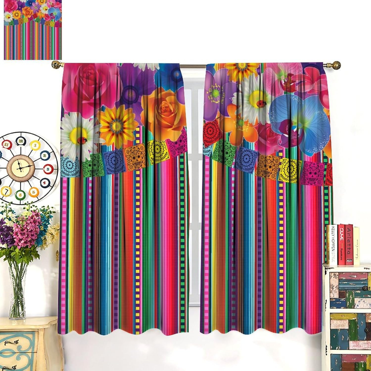 Carnival Mexican Curtains,Colorful Striped Abstract Geometric Mexican Day of the
