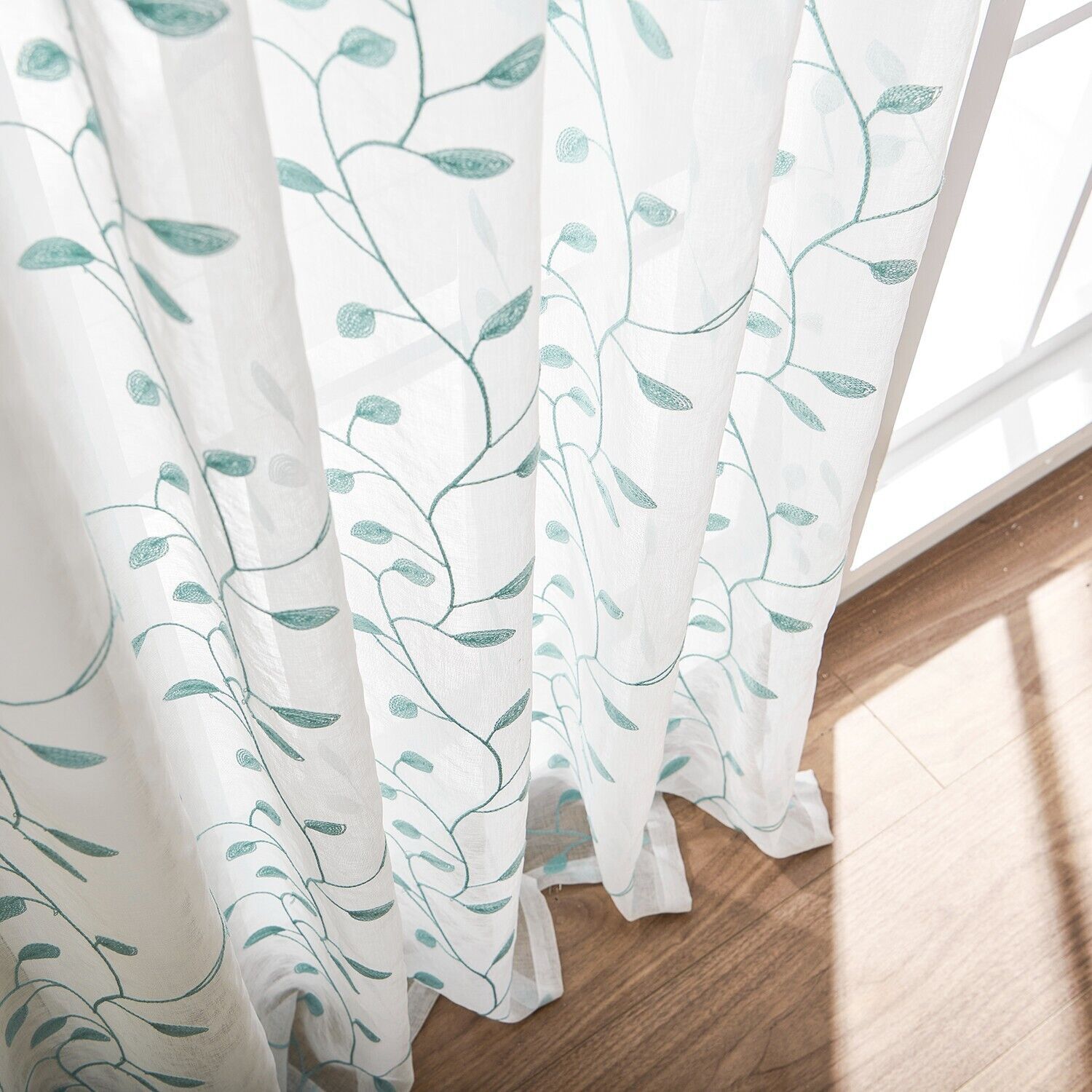 2 Panels Embroidered Leaves Semi Sheer Voile Window Curtains Drapes Living Room
