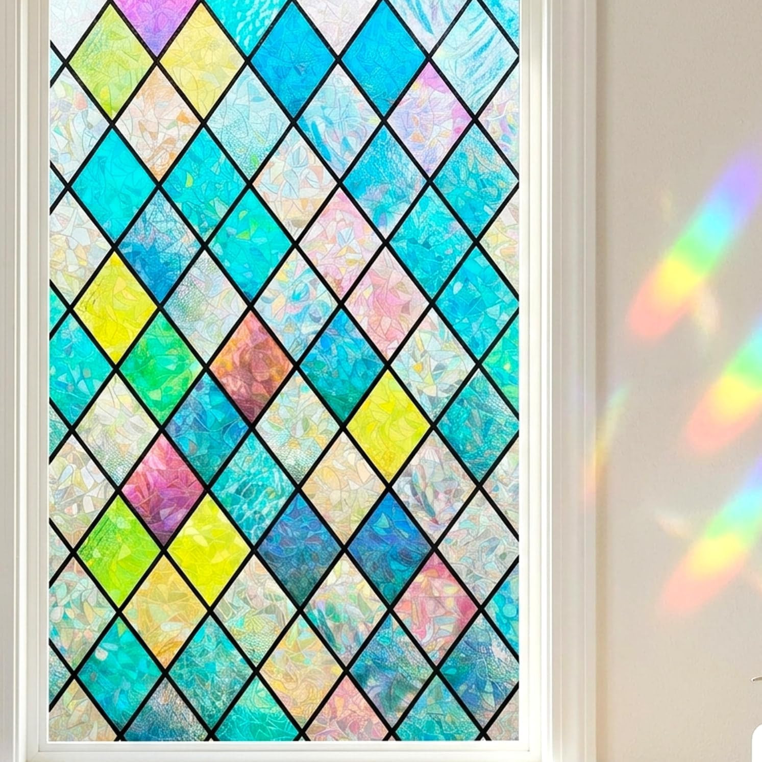 Colorful Stained Glass Window Film, Rainbow Door Privacy Films Static Cling Wind